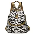 Women's casual backpack with black and white geometric pattern and khaki straps - Large / DS Letter Style