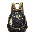 Fashionable black nylon backpack with white splatter print and brown woven straps - Ink Painting Large