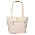 Minimalist beige nylon tote bag with brown handles and front zipper pocket for daily commute - White