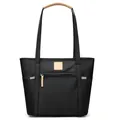 Minimalist black waterproof nylon tote bag with brown leather accents and zipper pocket - Black