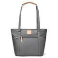 Grey minimalist nylon tote bag with brown handles and a front zipper pocket - Gray