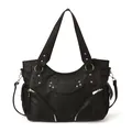 Sac fourre-tout en cuir noir avec clous argentés et design style motard chic - Noir
