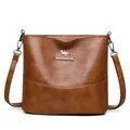 Brown bucket bag in pebbled leather featuring a golden kangaroo logo and wide shoulder strap - Brown