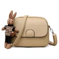 Beige pebble leather crossbody bag with cute bunny pendant and thin shoulder strap - Khaki With Rabbit Pendant