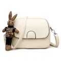White lychee pattern leather crossbody bag with cute bunny pendant and silver hardware - White With Rabbit Pendant