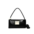 Minimalist black baguette handbag with white logo patch and decorative large white bead - Black