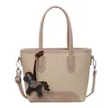 Bolso tipo cubo de lona beige con ribete de ecopiel rosa y colgante de caballo - Dijes / Caqui
