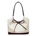Sac seau fourre-tout beige et marron minimaliste avec nœud et lettrage embossé - Blanc Cassé