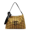 Borsa tote in tela a quadri gialli e neri con ricamo a cuore e tracolla in pelle nera - Nero e Giallo