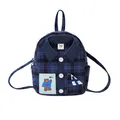 Sac à dos à carreaux bleu et marron style chemise avec boutons roses et motif d'ours - 17*8*21 / Carreaux Bleus