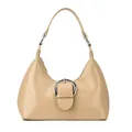 Minimalist beige half-moon handbag with large silver metal buckle and sleek PU leather - Khaki