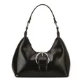 Glossy black hobo shoulder bag with a large silver buckle and minimalist curved design - Black