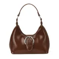Dark brown high-gloss leather dumpling bag with silver buckle and crescent shape - Brown