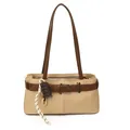 Chic beige canvas Boston bag with brown leather trim and cute chocolate charm pendant - Pendant Included / Khaki