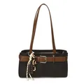 Vintage Boston bag in dark brown and black leather with decorative charm and metal buckle - Pendant Included / Black
