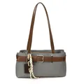 Gray denim Boston bag for women with brown shoulder straps and decorative buckle - Pendant Included / Blue