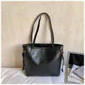 Minimalist black PU leather tote bag with gold metal rings and dual shoulder straps - Basic Style (BMH-1661) / Black