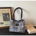 Blue and white woven pattern tote bag with black leather shoulder straps - Black
