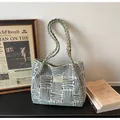 Green and white geometric knit tote bag with braided faux leather handles in a chic style - Green