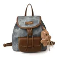 Retro canvas backpack in stone wash grey and brown leather with a cute dog charm - With Pendant / 26cmx11cmx26cm / Denim Blue