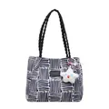 Blue striped canvas tote bag with black leather label and white plush star charm - Black With Pendant