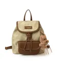 Beige canvas and brown leather vintage tote backpack with cute puppy pendant - With Pendant / 26cmx11cmx26cm / Off White
