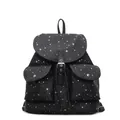 Mochila de lona negra con patrones de estrellas plateadas, cierre de cordón y dos bolsillos frontales - Negro