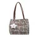 Dark brown woven tote bag with white geometric patterns and braided leather handles - Coffee With Pendant