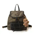 Retro canvas and leather backpack in sage green with a cute brown bear charm - With Pendant / 26cmx11cmx26cm / Dark Brown