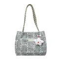 Green and cream striped woven tote bag with leather patch and star plush charm - Green with Charm