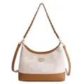 Sac hobo vintage en jacquard beige avec bordure en cuir marron et deux bandoulières - Blanc