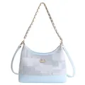 Sac sous le bras à motif bleu et gris avec logo doré et bandoulière cuir - Bleu