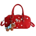 Red baguette boston bag featuring a white star and rocking horse embroidery detail - With Plush Charm / Red