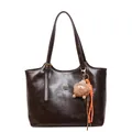 Dark brown vintage tote bag with polished finish, logo detail and monster charm - Coffee / Without Pendant