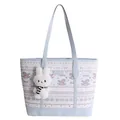 Borsa tote celeste in pelle con stampe di animali e ciondolo a forma di coniglio - 31x10x27cm / Blu con ciondolo