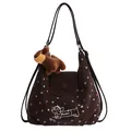 Deep brown tote bag with colorful stars and puppy embroidery featuring plush charm - 33cmx25cmx11cm / Coffee With Pendant