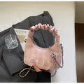 Pink plaid dumpling bag with ruffled handle, bear embroidery and silver chain strap - Pink