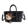Minimalist black lychee texture baguette bag with a cute bear charm and golden buckle - With Pendant / Black