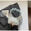 Blue gingham hobo bag with cartoon embroidery and ruffle handle for women - Blue