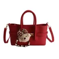 Red lychee textured baguette bag with gold lock and cute plush bear charm - With Pendant / Red