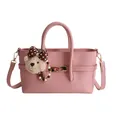 Pink baguette bag with lychee grain texture and cute plush bear charm accessory - With Pendant / Pink