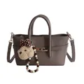 Minimalist beige baguette bag in lychee leather with cute bear charm and beads - With Pendant / Gray
