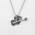 Rock style electric guitar pendant necklace with flame texture on silver steel chain - Standard Length Style / Black Guitar/Grey Pick