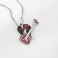 Hip hop guitar pendant necklace with red flame design and marble pick in stainless steel - Extended Version / Red Guitar/Red Pick