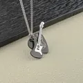 Rock music guitar and black plectrum stainless steel pendant on silver bead chain - Standard Length Pearl Chain / Black Guitar And Black Stainless Steel Pick