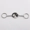 Cat couple keychain set in black and silver stainless steel with puzzle yin yang design - Round Cat / Black & White
