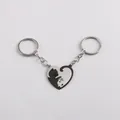 Matching cat heart couple keychain set in black and silver stainless steel finish - Heart Cat / Black & White
