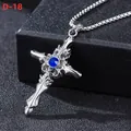 Hip hop silver gothic cross pendant necklace with blue gemstone for men and women - Blue Zirconia Cross with Corn Chain
