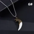 Detail of vintage bronze tiger head pendant with white tusk on steel pearl chain - Bronze Tiger Head White Fangs (6#)