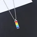 Rainbow striped stainless steel rectangle pendant necklace with fine box chain for men and women - Vertical Rectangle Bar Style / Silver Long Chain